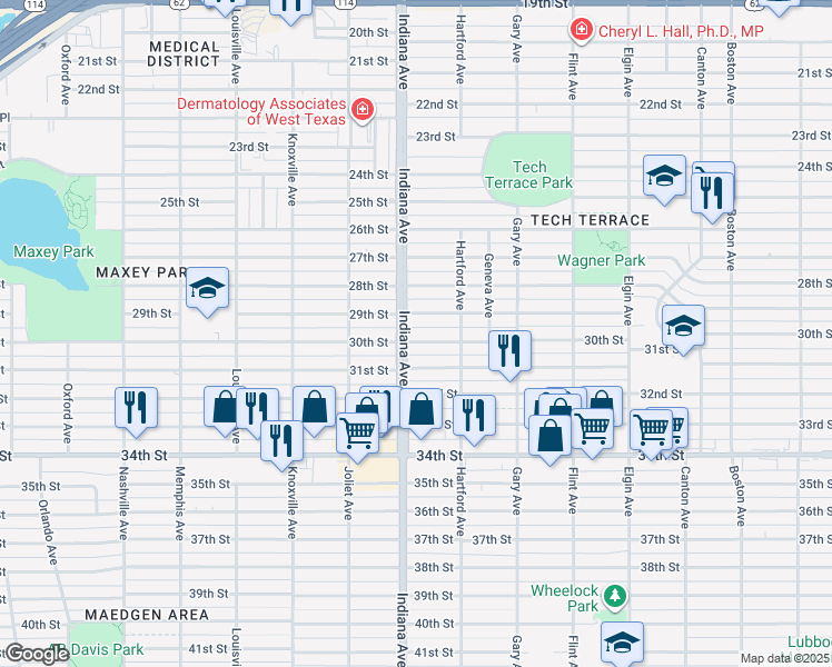 map of restaurants, bars, coffee shops, grocery stores, and more near 3318 30th Street in Lubbock