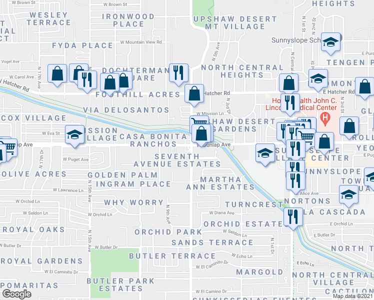 map of restaurants, bars, coffee shops, grocery stores, and more near 8840 North 7th Avenue in Phoenix