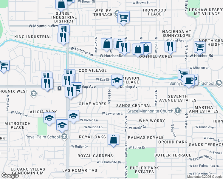 map of restaurants, bars, coffee shops, grocery stores, and more near 1547 West Dunlap Avenue in Phoenix