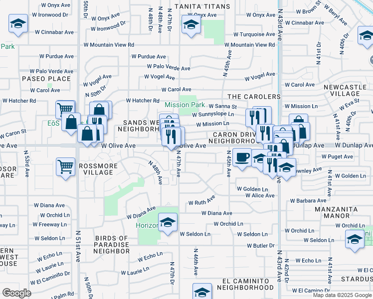 map of restaurants, bars, coffee shops, grocery stores, and more near 4658 West Puget Avenue in Glendale