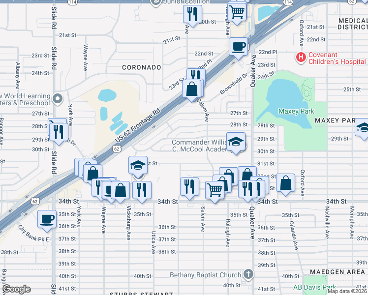 map of restaurants, bars, coffee shops, grocery stores, and more near 4618 30th Street in Lubbock