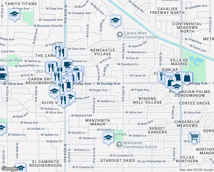 map of restaurants, bars, coffee shops, grocery stores, and more near 4030 West Puget Avenue in Phoenix