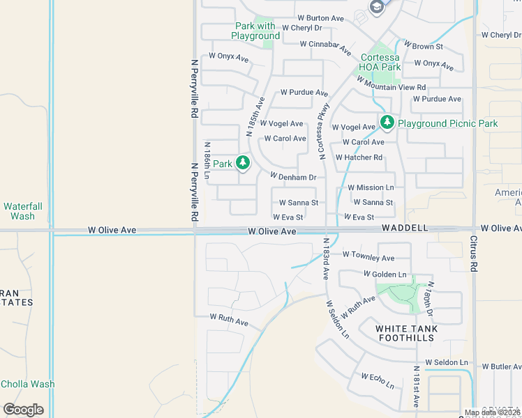 map of restaurants, bars, coffee shops, grocery stores, and more near 18510 West Eva Street in Waddell