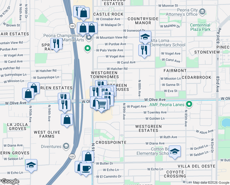 map of restaurants, bars, coffee shops, grocery stores, and more near 8940 West Olive Avenue in Peoria