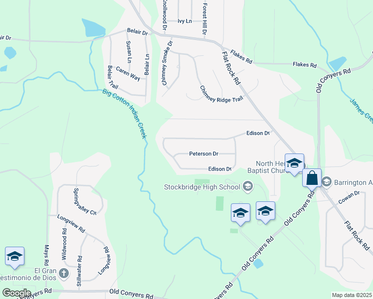 map of restaurants, bars, coffee shops, grocery stores, and more near 444 Peterson Drive in Stockbridge