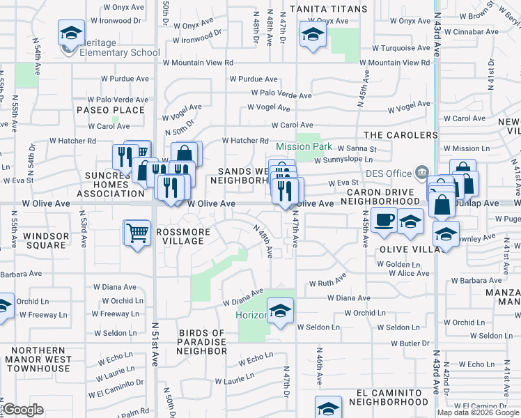map of restaurants, bars, coffee shops, grocery stores, and more near 4774 West New World Drive in Glendale