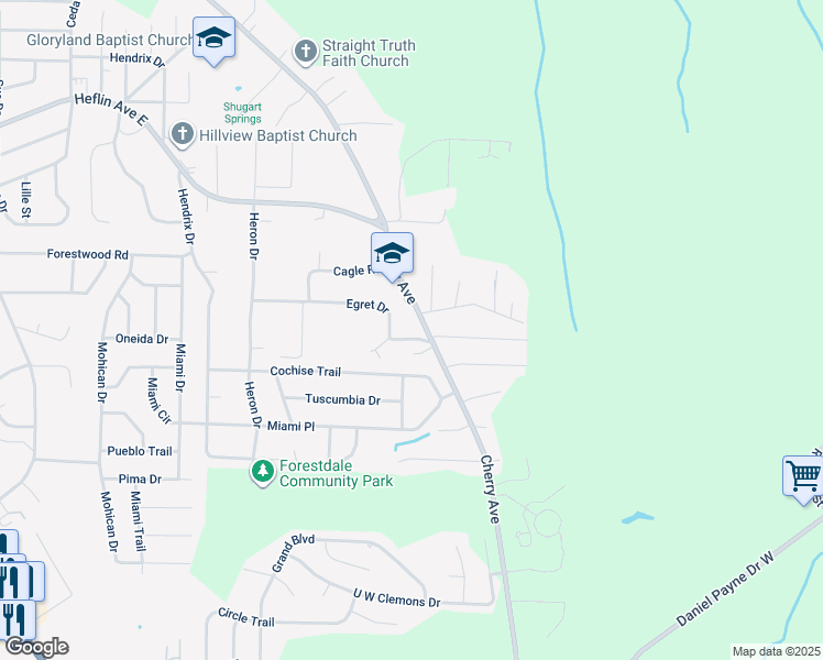 map of restaurants, bars, coffee shops, grocery stores, and more near 1500 Egret Lane in Birmingham