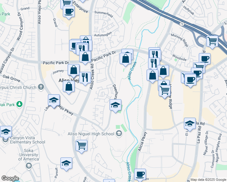 map of restaurants, bars, coffee shops, grocery stores, and more near 22 Destiny Way in Aliso Viejo
