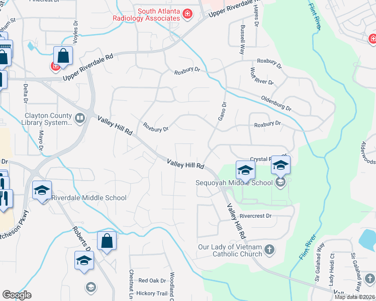 map of restaurants, bars, coffee shops, grocery stores, and more near 6871 Mountain Circle in Riverdale