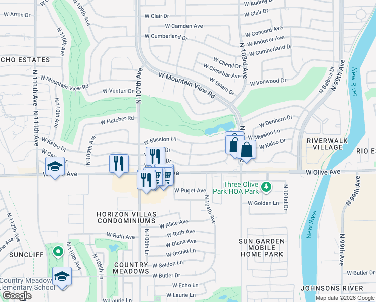 map of restaurants, bars, coffee shops, grocery stores, and more near 10504 West Kelso Drive in Sun City