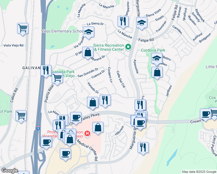 map of restaurants, bars, coffee shops, grocery stores, and more near 26801 Magdalena Lane in Mission Viejo