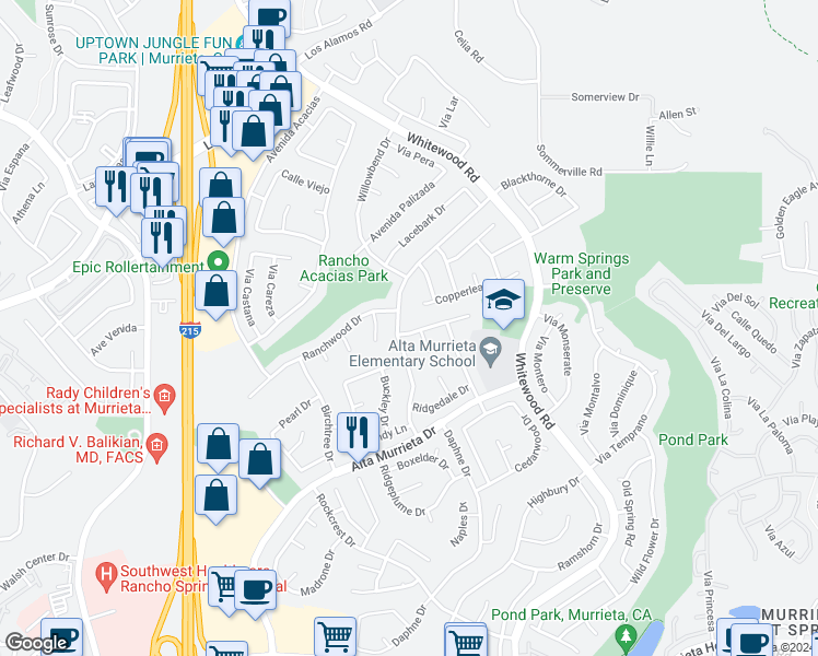 map of restaurants, bars, coffee shops, grocery stores, and more near 39721 Casandra Court in Murrieta
