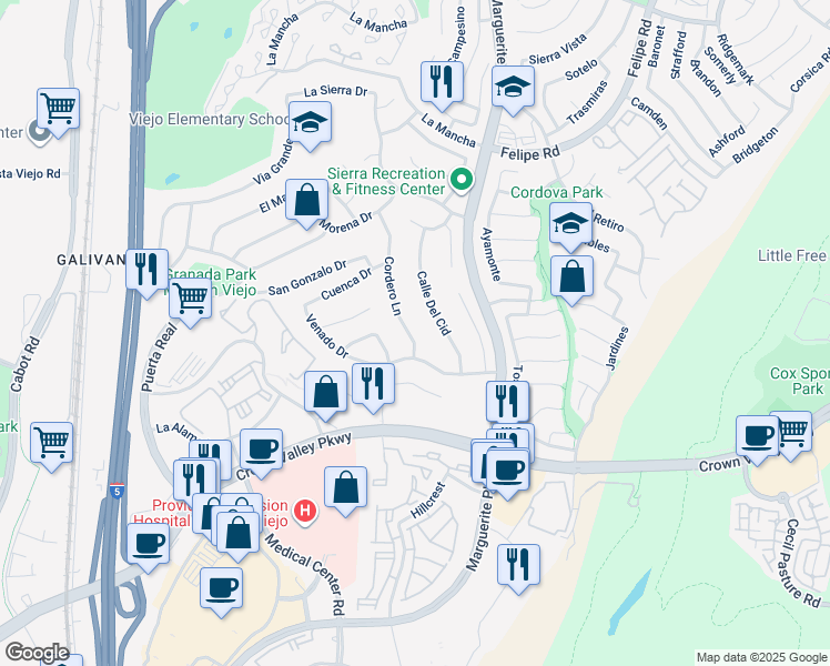 map of restaurants, bars, coffee shops, grocery stores, and more near 27241 Cordero Lane in Mission Viejo