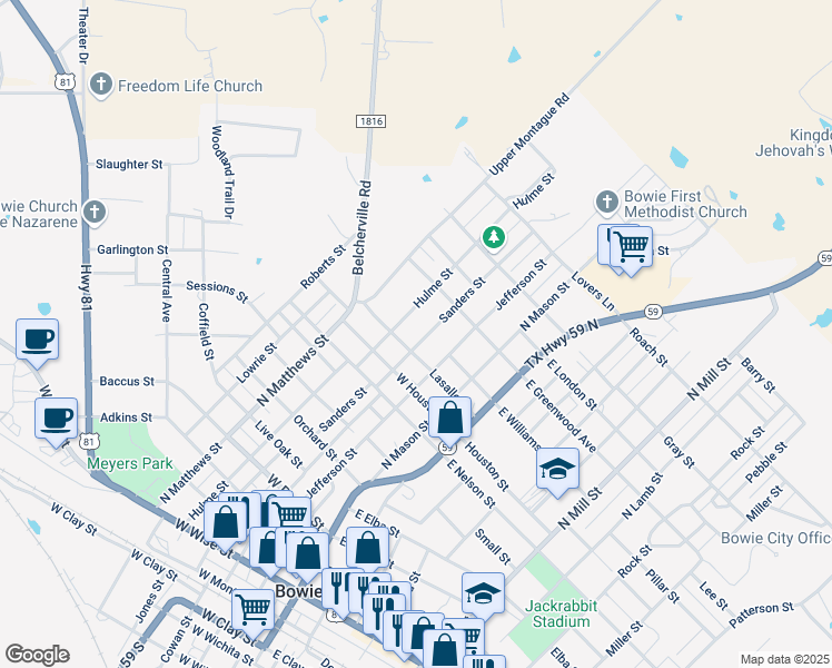 map of restaurants, bars, coffee shops, grocery stores, and more near 1109 North Sanders Street in Bowie