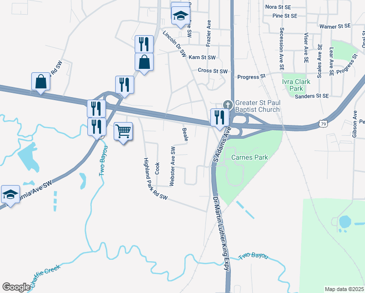 map of restaurants, bars, coffee shops, grocery stores, and more near 327 Cherry Street Southwest in Camden