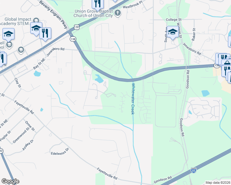 map of restaurants, bars, coffee shops, grocery stores, and more near 5300 Georgia 138 in Union City