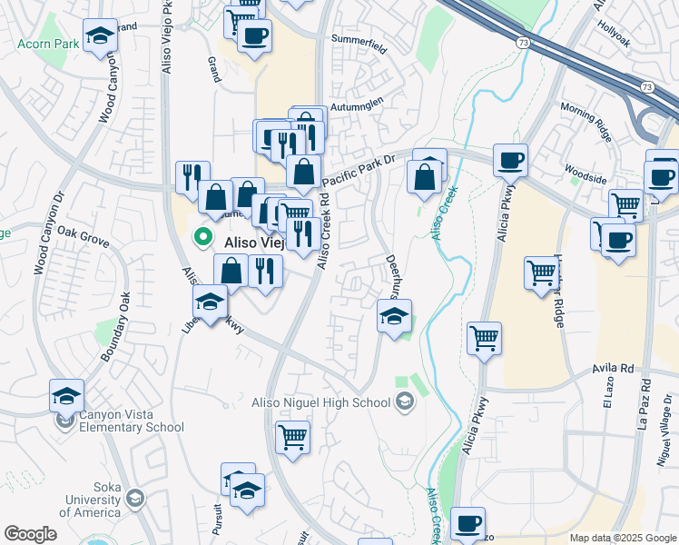 map of restaurants, bars, coffee shops, grocery stores, and more near 6 Sentinel Place in Aliso Viejo