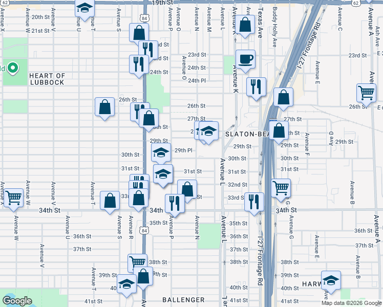 map of restaurants, bars, coffee shops, grocery stores, and more near 1508 30th Street in Lubbock