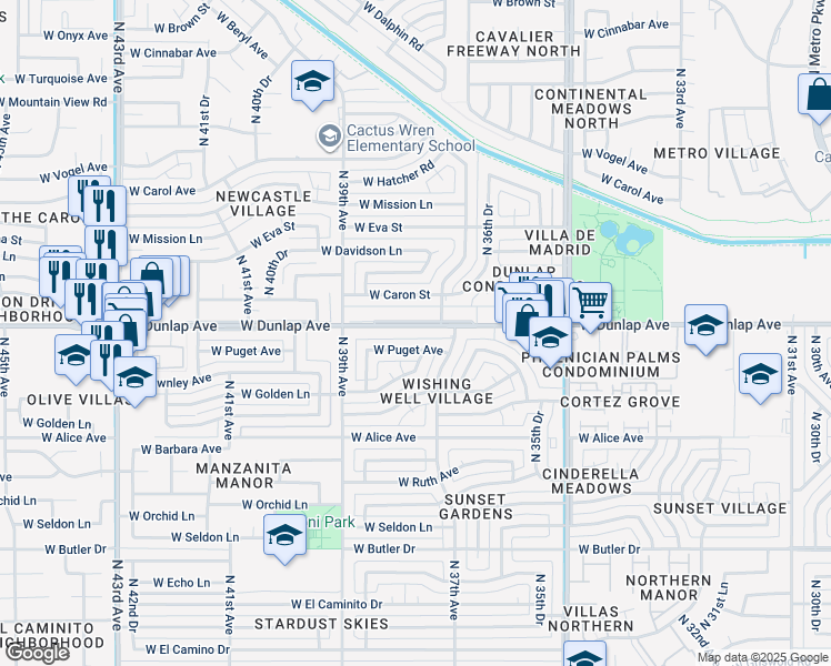 map of restaurants, bars, coffee shops, grocery stores, and more near 3728 West Puget Avenue in Phoenix