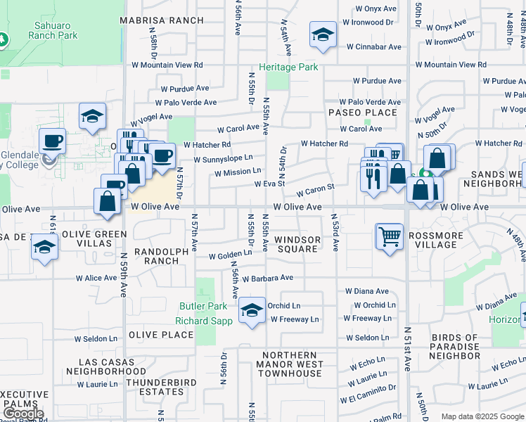 map of restaurants, bars, coffee shops, grocery stores, and more near 5440 West Puget Avenue in Glendale