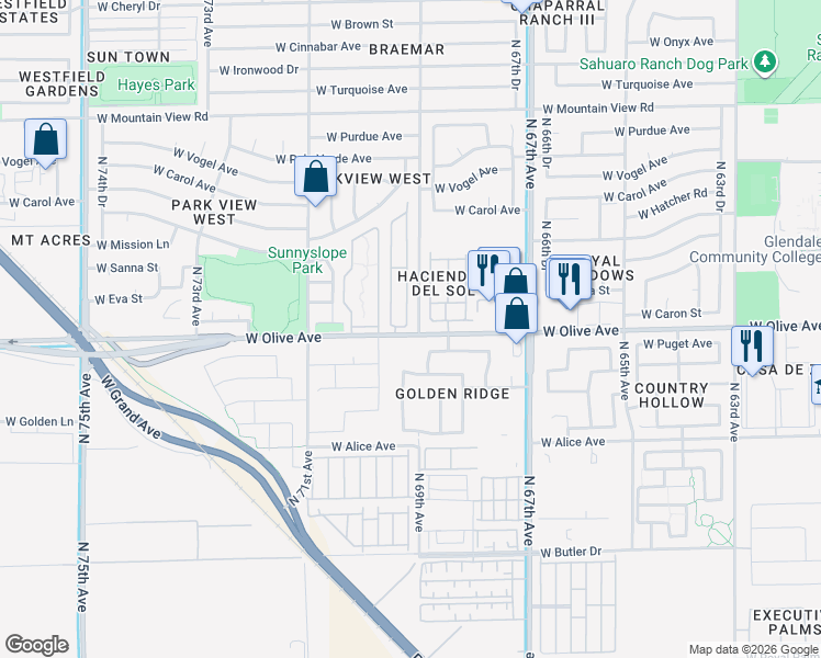 map of restaurants, bars, coffee shops, grocery stores, and more near 6915 West Olive Avenue in Glendale