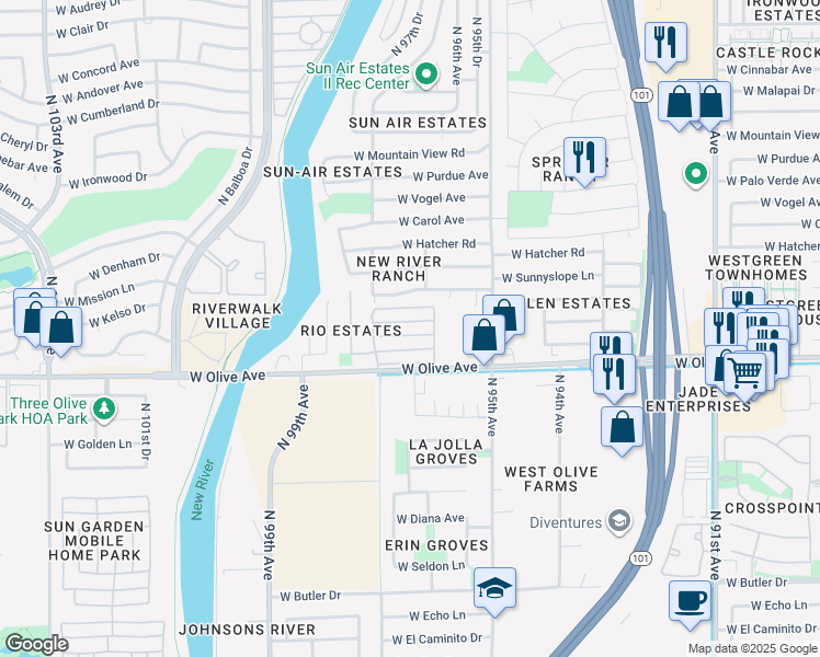 map of restaurants, bars, coffee shops, grocery stores, and more near 9680 West Olive Avenue in Peoria