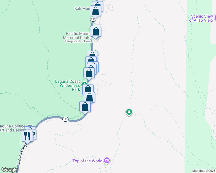 map of restaurants, bars, coffee shops, grocery stores, and more near 21172 Castle Rock Road in Laguna Beach