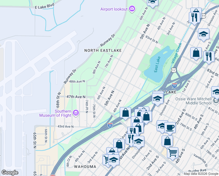 map of restaurants, bars, coffee shops, grocery stores, and more near 7820 5th Avenue North in Birmingham