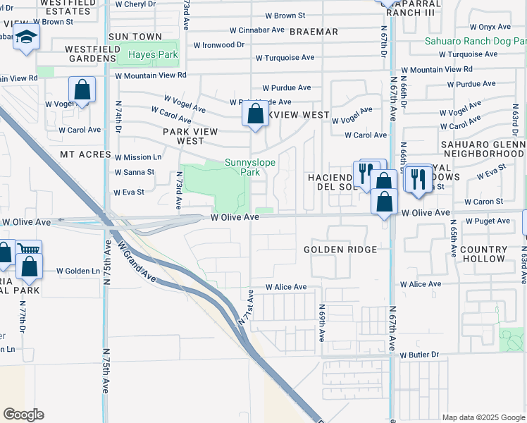 map of restaurants, bars, coffee shops, grocery stores, and more near 7055 West Olive Avenue in Peoria