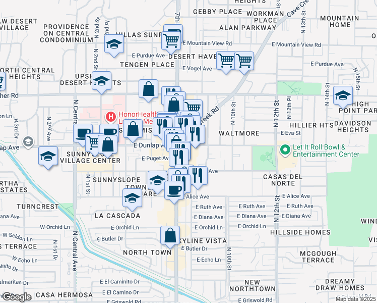map of restaurants, bars, coffee shops, grocery stores, and more near 8931 North 7th Street in Phoenix