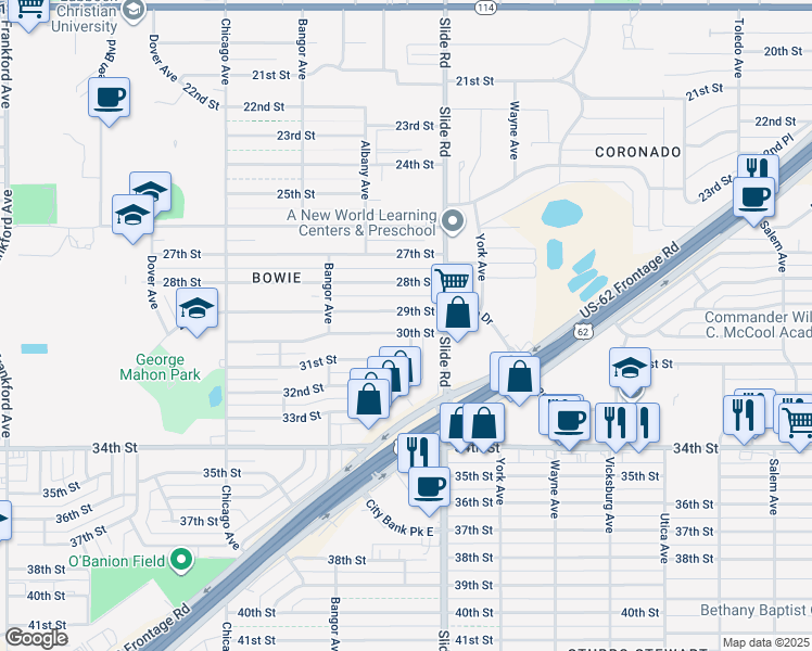 map of restaurants, bars, coffee shops, grocery stores, and more near 5214 30th Street in Lubbock