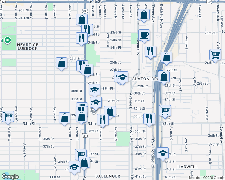 map of restaurants, bars, coffee shops, grocery stores, and more near 1508 30th Street in Lubbock