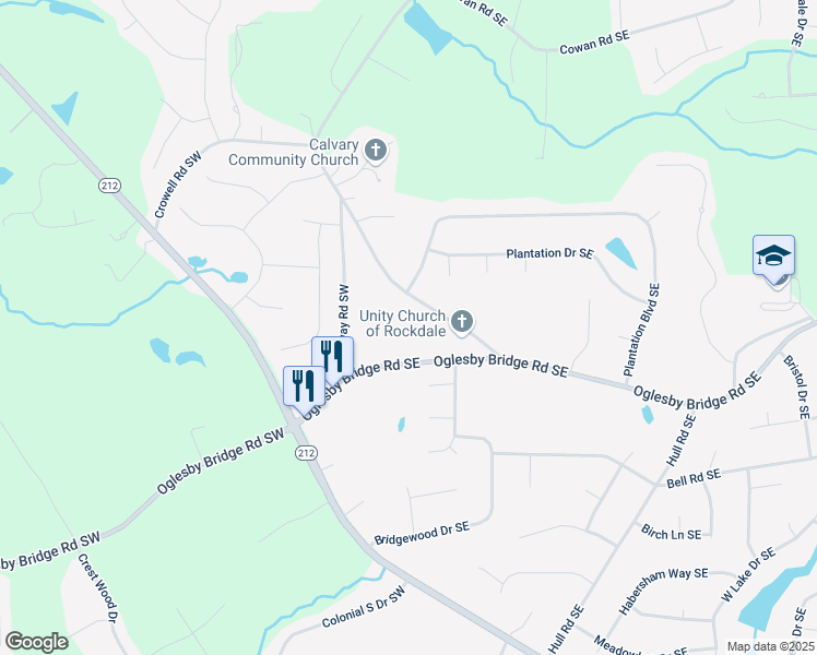 map of restaurants, bars, coffee shops, grocery stores, and more near 160 Oglesby Bridge Road Southeast in Conyers