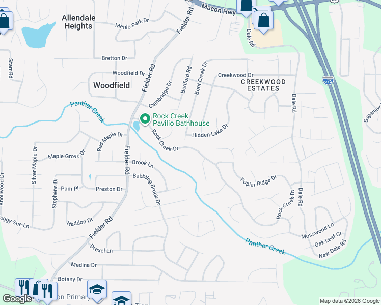 map of restaurants, bars, coffee shops, grocery stores, and more near 6881 Creekford Lane in Rex