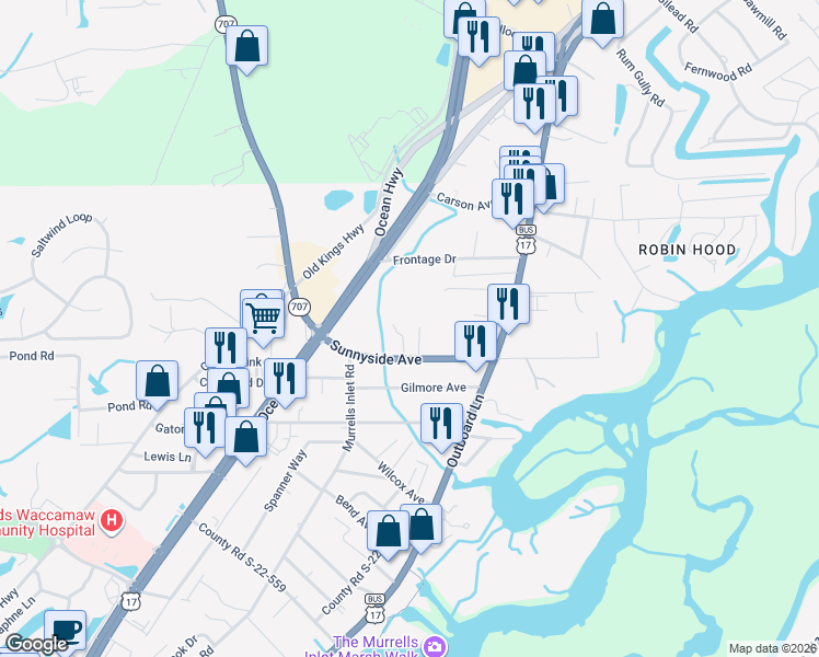 map of restaurants, bars, coffee shops, grocery stores, and more near in Murrells Inlet
