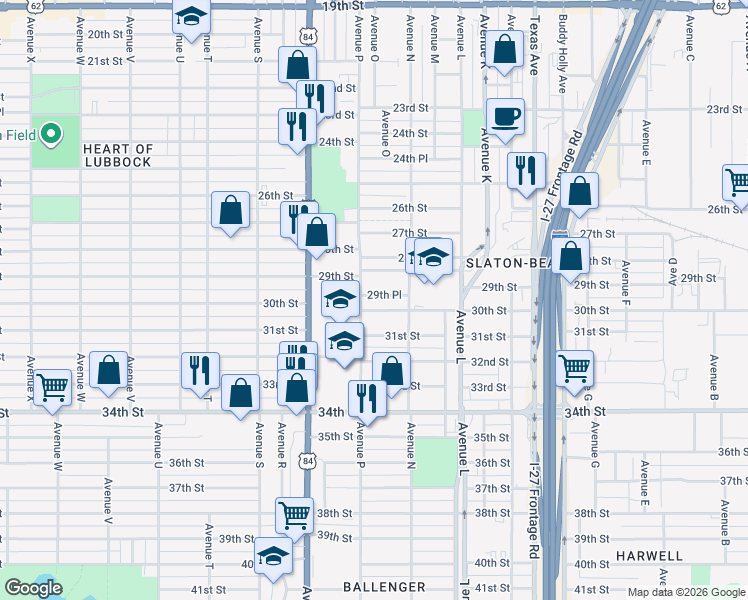 map of restaurants, bars, coffee shops, grocery stores, and more near 1523 29th Place in Lubbock