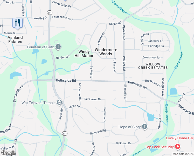 map of restaurants, bars, coffee shops, grocery stores, and more near 1563 Bethsaida Road in Riverdale