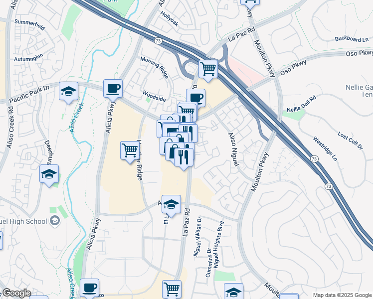 map of restaurants, bars, coffee shops, grocery stores, and more near 27211 La Paz Road in Laguna Niguel