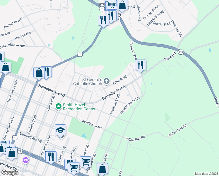 map of restaurants, bars, coffee shops, grocery stores, and more near 629 Edrie Street Northeast in Aiken