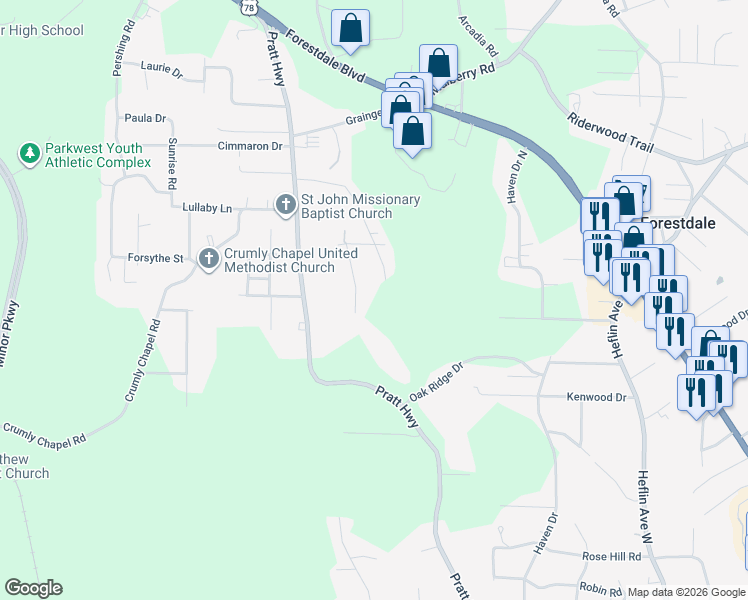 map of restaurants, bars, coffee shops, grocery stores, and more near 1900 Hanchey Road in Birmingham