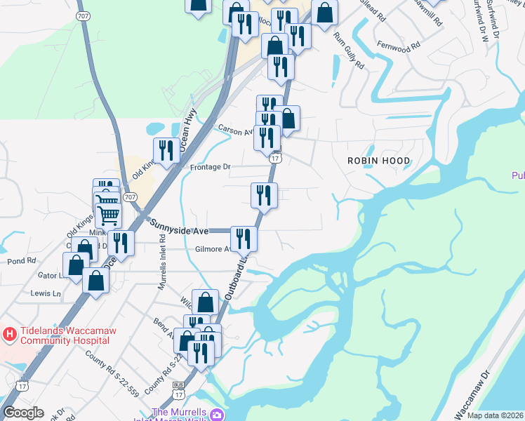 map of restaurants, bars, coffee shops, grocery stores, and more near in Murrells Inlet