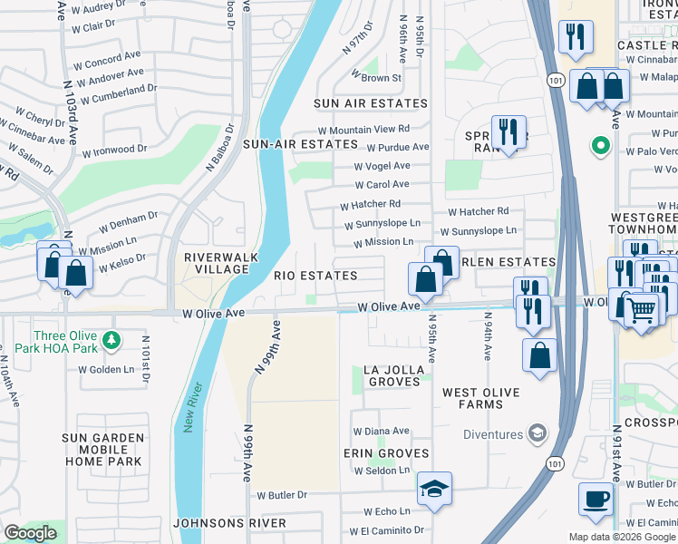map of restaurants, bars, coffee shops, grocery stores, and more near 9680 West Olive Avenue in Peoria