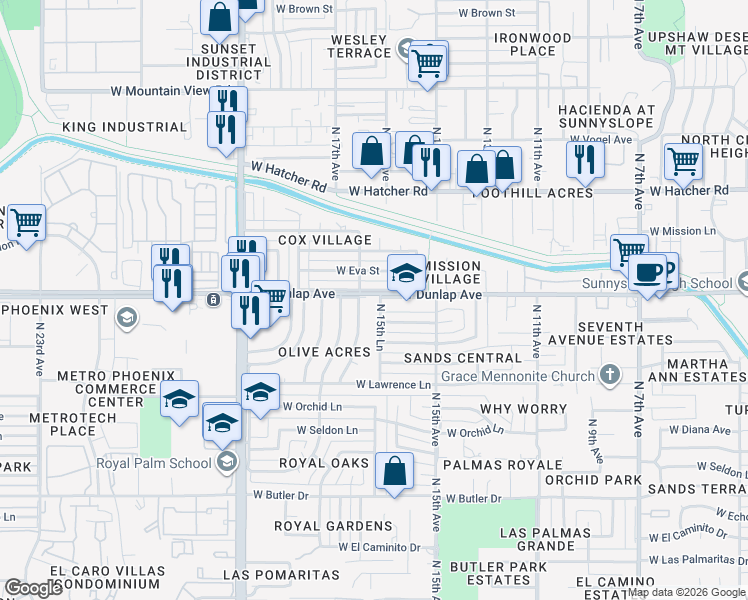 map of restaurants, bars, coffee shops, grocery stores, and more near 1547 West Dunlap Avenue in Phoenix