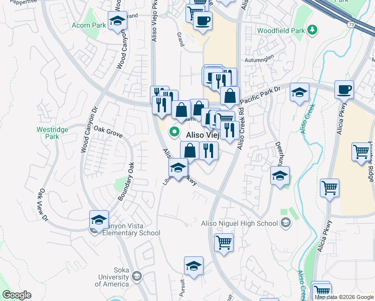 map of restaurants, bars, coffee shops, grocery stores, and more near 15 Journey in Aliso Viejo