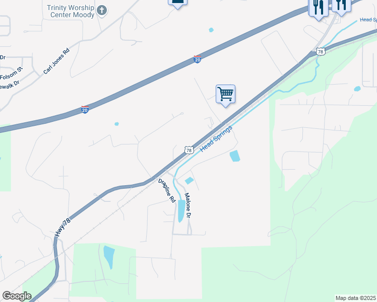 map of restaurants, bars, coffee shops, grocery stores, and more near U.S. Highway 78 in Moody