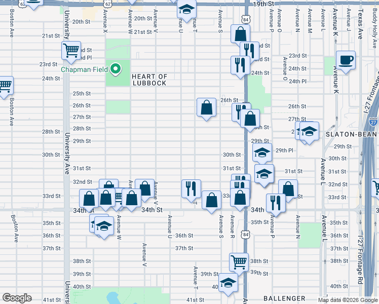 map of restaurants, bars, coffee shops, grocery stores, and more near 2006 30th Street in Lubbock