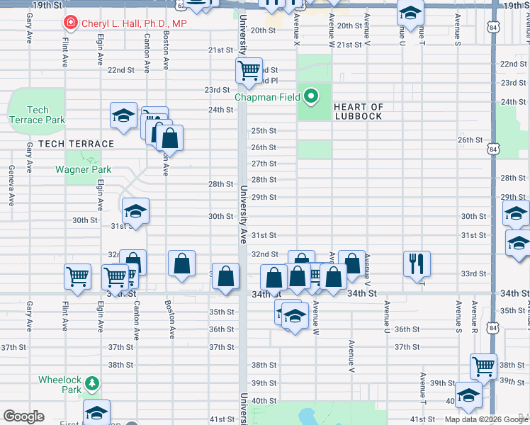 map of restaurants, bars, coffee shops, grocery stores, and more near 2423 30th Street in Lubbock