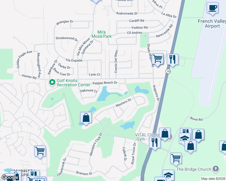 map of restaurants, bars, coffee shops, grocery stores, and more near 29579 Troon Court in Murrieta