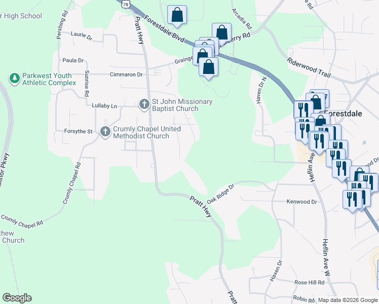 map of restaurants, bars, coffee shops, grocery stores, and more near 1900 Hanchey Road in Birmingham