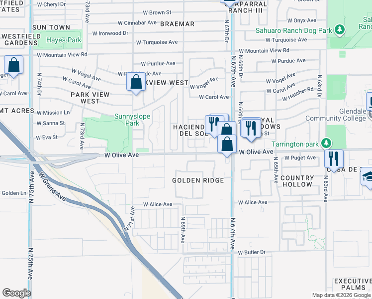 map of restaurants, bars, coffee shops, grocery stores, and more near 6861 West Caron Drive in Peoria